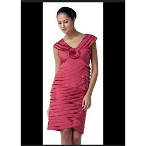 Adrianna Papell Artichoke Tiered Geranium Pink Taffeta Rosette Dress 6 $70